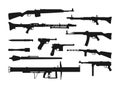 World war weapon silhouettes. Isolated WW2 germany gun. Black template of rifle, carabin, pistol. Ammo side view