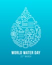 World water day banner - drop water sign with line icon about water use on blue background vector design Royalty Free Stock Photo