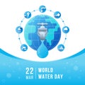 World water day banner - drops water falling from the tap on world and circle icons about The Topic Of Water link around vector