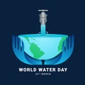 World water day banner with hand holding Water flows from the tap to the earth on dark blue background