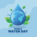 World water day - circle globe world in drops water sign with green leafs and drop water around on soft blue background vector Royalty Free Stock Photo