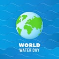 World water day. Earth globe on blue ocean waves. Save water vector poster Royalty Free Stock Photo