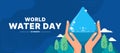 world water day - Hands hold blue drop water with drop water fall splash and mountain trees around on blue background vector Royalty Free Stock Photo