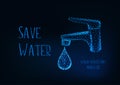 World Water day poster with glowing low poly bathroom faucet with water drop and message Save water