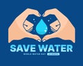 world water day - Save water text and hands together forming a heart shape with drop water sign in center on blue background