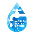 World water day - Text in Drop water sign with water flows from the tap and abstract blue texture background vector design Royalty Free Stock Photo