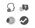 World water, Unlock system and Question mark icons. Audit sign. Aqua drop, Access granted, Quiz chat. Vector