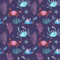 Watercolor children's seamless patterns with underwater creatures: crab, starfish, jellyfish, seaweed, corals, shells