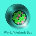 World Wetlands Day. A drop of water and the surface of the swamp with water lilies Royalty Free Stock Photo