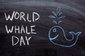 World whale day text on a chalkboard. Drawing of a whale in blue chalk