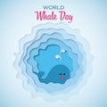 World Whale Day. Vector square poster on World Whale Day in paper art style. Banner with ocean animal in sea waves. Suitable for