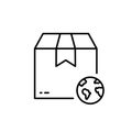 World Wide Delivery Parcel Box and Globe Line Icon. International Shipping Industry Linear Pictogram. Global Worldwide Royalty Free Stock Photo