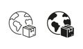 World Wide Delivery Parcel Box and Globe Silhouette and Line Icon Set. International Shipping Industry Pictogram. Global Royalty Free Stock Photo