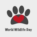 World wildlife day vector card banner with animal track and heart