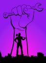 World workers day May Day Labour Day purple violet pink colour familybackground man with hammer hand with spanner banner Royalty Free Stock Photo