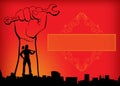 World workers day May Day Labour Day red yellow and orange background man with hammer hand with spanner banner for banner with Royalty Free Stock Photo