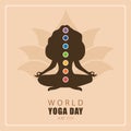 World yoga day poster. Female silhouette with chakras. June 21st. Banner, social media post or brochure design. Vector