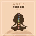 World yoga day poster. Female silhouette with chakras. June 21st. Banner, social media post or brochure design. Vector