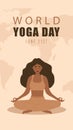 World yoga day stories template. Woman in lotus position meditating. June 21st. Banner, brochure and poster design