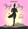 World Yoga Day vector illustration, on bright sunset background. Vector sport illustration with women.