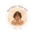 World yoga day. Woman in lotus position meditating. June 21st. Banner, brochure and poster design. Vector illustration