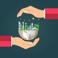 The world in your hands ecology concept.Green cities help the world with eco-friendly concept idea.with globe and tree background Royalty Free Stock Photo