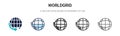 Worldgrid icon in filled, thin line, outline and stroke style. Vector illustration of two colored and black worldgrid vector icons Royalty Free Stock Photo