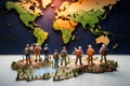 Worldly exploration Miniature figures walking on a map, travel concept