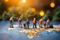 Worldly exploration Miniature figures walking on a map, travel concept