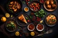 Worldly Feast: Close-Up Food Photography of Meat and Veg Delicacies on Tabletop