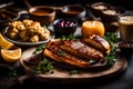 Worldly Feast: Close-Up Food Photography of Meat and Veg Delicacies on Tabletop