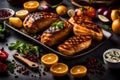 Worldly Feast: Close-Up Food Photography of Meat and Veg Delicacies on Tabletop