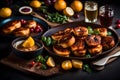 Worldly Feast: Close-Up Food Photography of Meat and Veg Delicacies on Tabletop