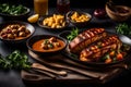 Worldly Feast: Close-Up Food Photography of Meat and Veg Delicacies on Tabletop