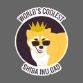 Worlds coolest shiba inu dad text. Japanese dog in golden crown and cool sunglasses.