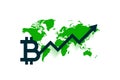 Worldwide bitcoin growth chart with upward arrow