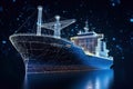 Worldwide cargo ship. Polygonal wireframe mesh art looks like constellation on dark blue night sky with dots and stars Royalty Free Stock Photo