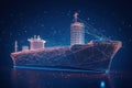 Worldwide cargo ship. Polygonal wireframe mesh art looks like constellation on dark blue night sky with dots and stars Royalty Free Stock Photo