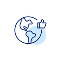 Worldwide customer approval. Planet Earth with thumbs-up symbol. Pixel perfect, editable stroke line icon