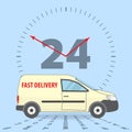 Worldwide delivery concept. Fast delivery app icon. Delivery 24 hours a day, 7 days a week. The yellow car for delivery. Royalty Free Stock Photo