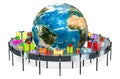 Worldwide gift delivery concept. Gift boxes on conveyor belt around the Earth. 3D rendering