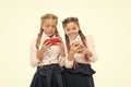 Worldwide net. Internet resource has hazards for kids. Girls school uniform surfing internet. Schoolgirls use mobile