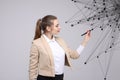 Worldwide network or wireless internet connection futuristic concept. Woman working with linked dots. Royalty Free Stock Photo