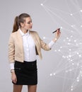 Worldwide network or wireless internet connection futuristic concept. Woman working with linked dots. Royalty Free Stock Photo