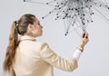 Worldwide network or wireless internet connection futuristic concept. Woman working with linked dots. Royalty Free Stock Photo