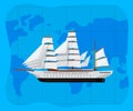 Worldwide sea traveling poster with big caravel