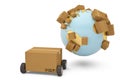 Worldwide shipping concept carton with wheels and gold globe 3d Royalty Free Stock Photo