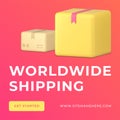 Worldwide shipping courier service cargo cardboard box delivery social media post 3d icon vector Royalty Free Stock Photo