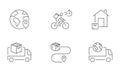 Worldwide Shipping Line Icon Set. Bike Delivery To Home Linear Pictogram. Box Outline Symbol. Express Parcel