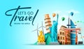 Worldwide travel vector background design. Let`s go travel text with around the world tourist destination like america, asia.